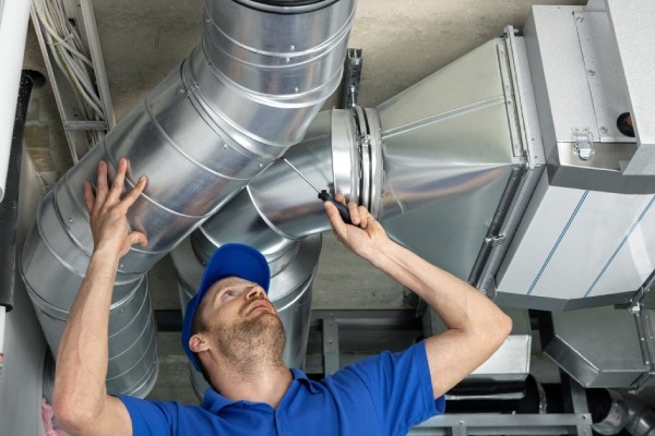 An HVAC service worker wearing a blue shirt and hat installs a duct pipe system in a basement using a screwdriver.